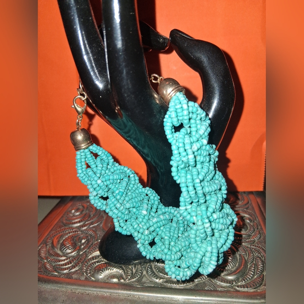 Beautiful Vintage 80's Turquoise Seed Beaded Chunky Braided Bracelet Boho